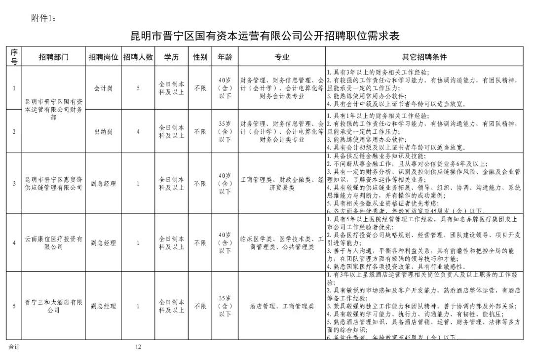 2020年昆明市晋宁区资本运营有限公司招聘